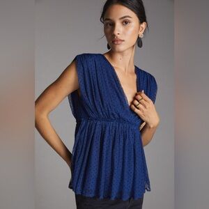 NWT Anthropologie navy polka dot v neck tulle blouse sz xl